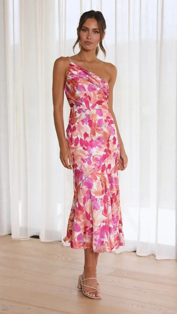 Chic Diagonal Collar Sling Fishtail Printed Dress