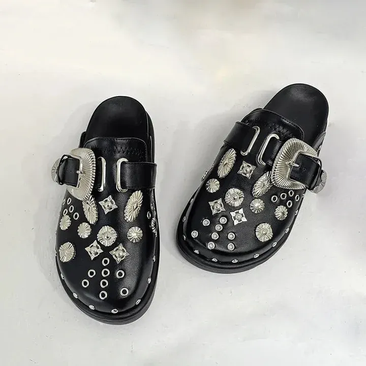 Punk Rock Vintage Cutout Rivets PU Mule Slippers