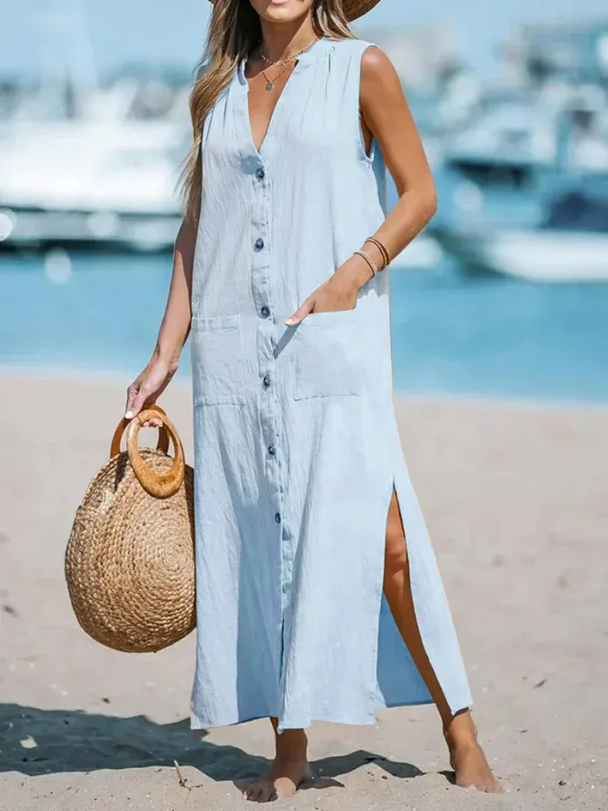 Sleeveless Solid Color Single Breasted Loose V-Neck Long Dress